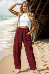Beatrice Casual Linen Trousers with Pockets in Wine Red