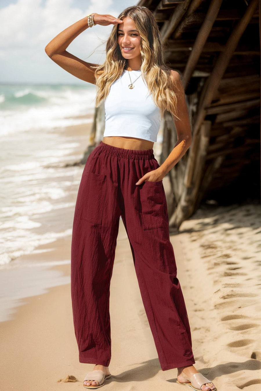 Beatrice Casual Linen Trousers with Pockets in Wine Red