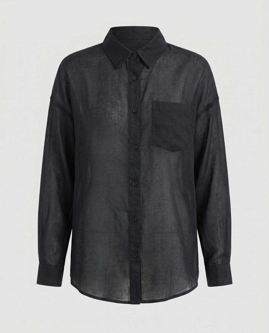 Beatrix Elegant Linen Blouse with Button Front in Deep Blue