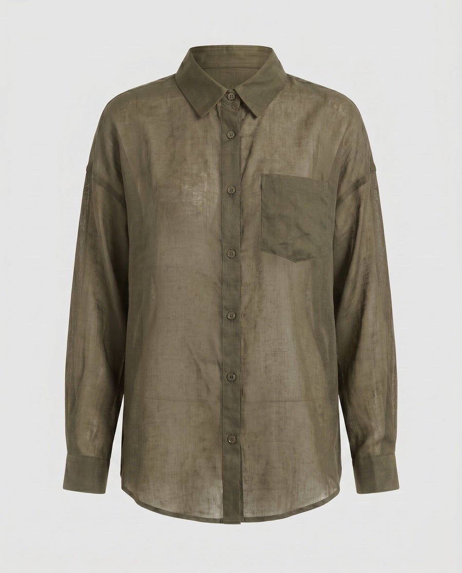 Beatrix Elegant Linen Blouse with Button Front in Teagrün