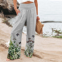 Bella Women's Wide-Leg Floral Border Print Trousers with Smocked Waist in Green