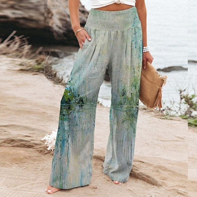 Bella Women's Wide-Leg Floral Border Print Trousers with Smocked Waist in Light Green