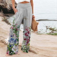 Bella Women's Wide-Leg Floral Border Print Trousers with Smocked Waist in Pink