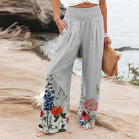 Bella Women's Wide-Leg Floral Border Print Trousers with Smocked Waist in Red