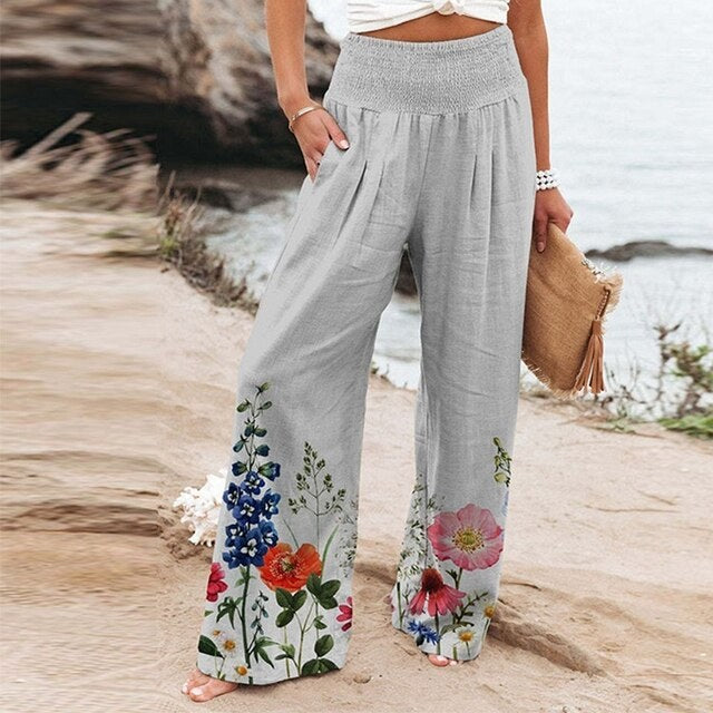 Bella Women's Wide-Leg Floral Border Print Trousers with Smocked Waist in Red