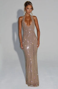 Bellamy Elegant Evening Dress with V-Neck in Gold