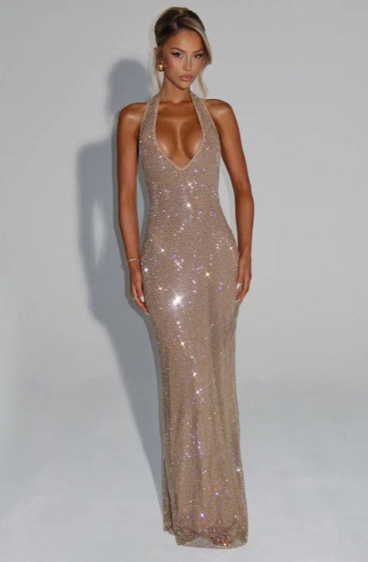 Bellamy Elegant Evening Dress with V-Neck in Gold