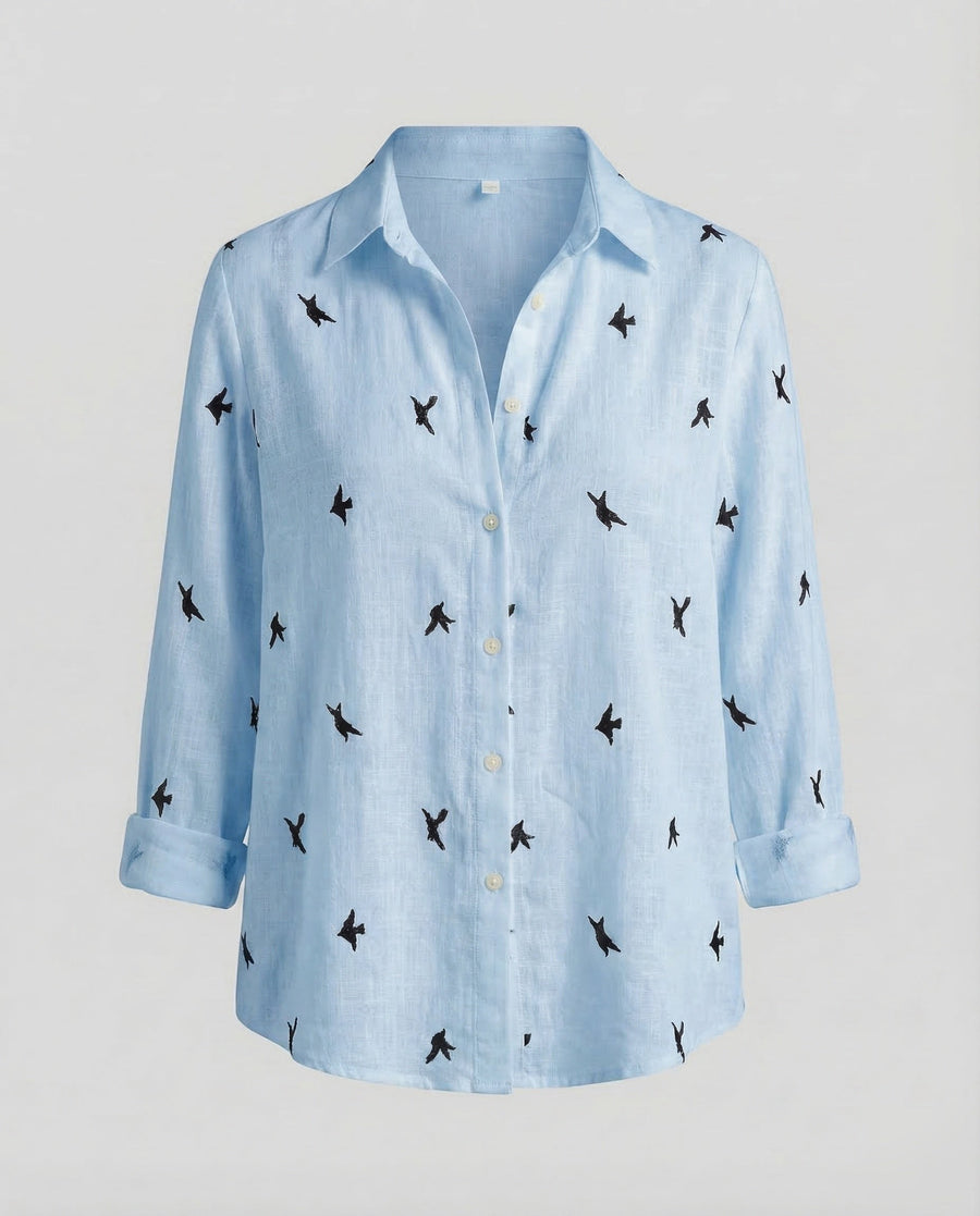 Bellamy Linen Blouse with Embroidery in Blue