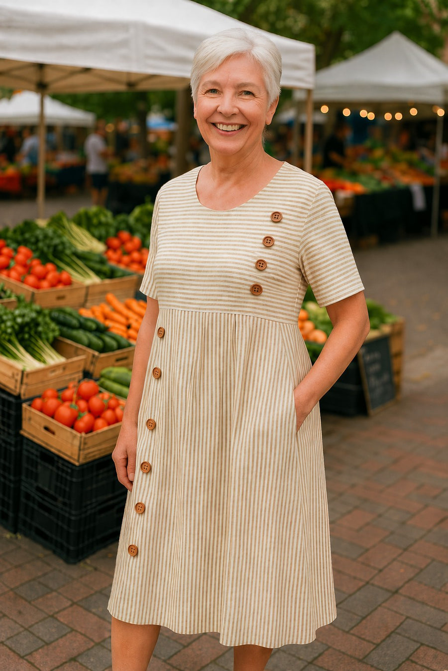Bertine Women's Striped Midi Dress with Pockets in Beige