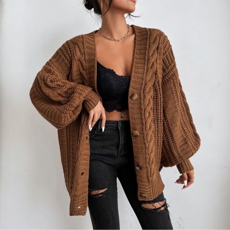 Womens Long Sleeve Open Front Sweaters Bishop Sleeve Button Up Cardigan