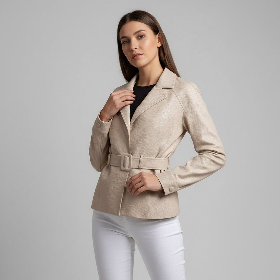 Bianca Belted Genuine Leather Jacket in Beige