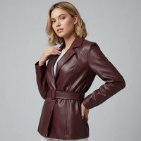 Bianca Belted Genuine Leather Jacket in Burgundy