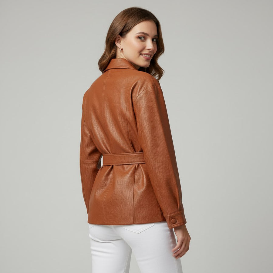 Bianca Belted Genuine Leather Jacket in Sienna Brown