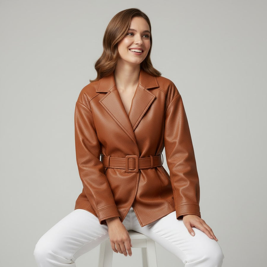 Bianca Belted Genuine Leather Jacket in Sienna Brown