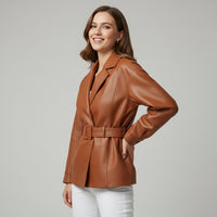 Bianca Belted Genuine Leather Jacket in Sienna Brown