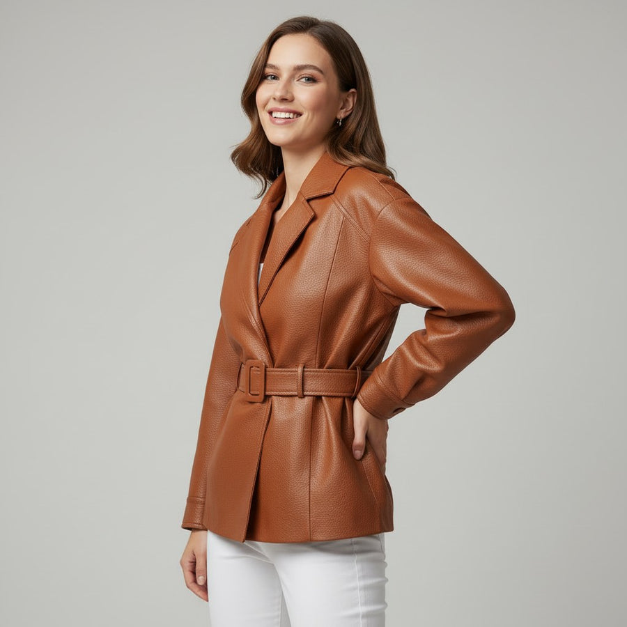 Bianca Belted Genuine Leather Jacket in Sienna Brown