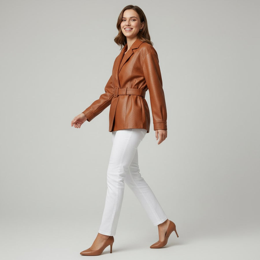 Bianca Belted Genuine Leather Jacket in Sienna Brown