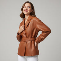 Bianca Belted Genuine Leather Jacket in Sienna Brown
