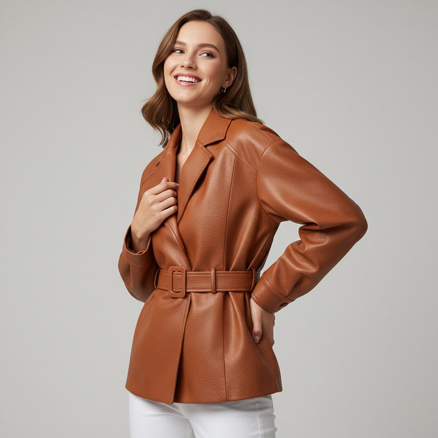 Bianca Belted Genuine Leather Jacket in Sienna Brown