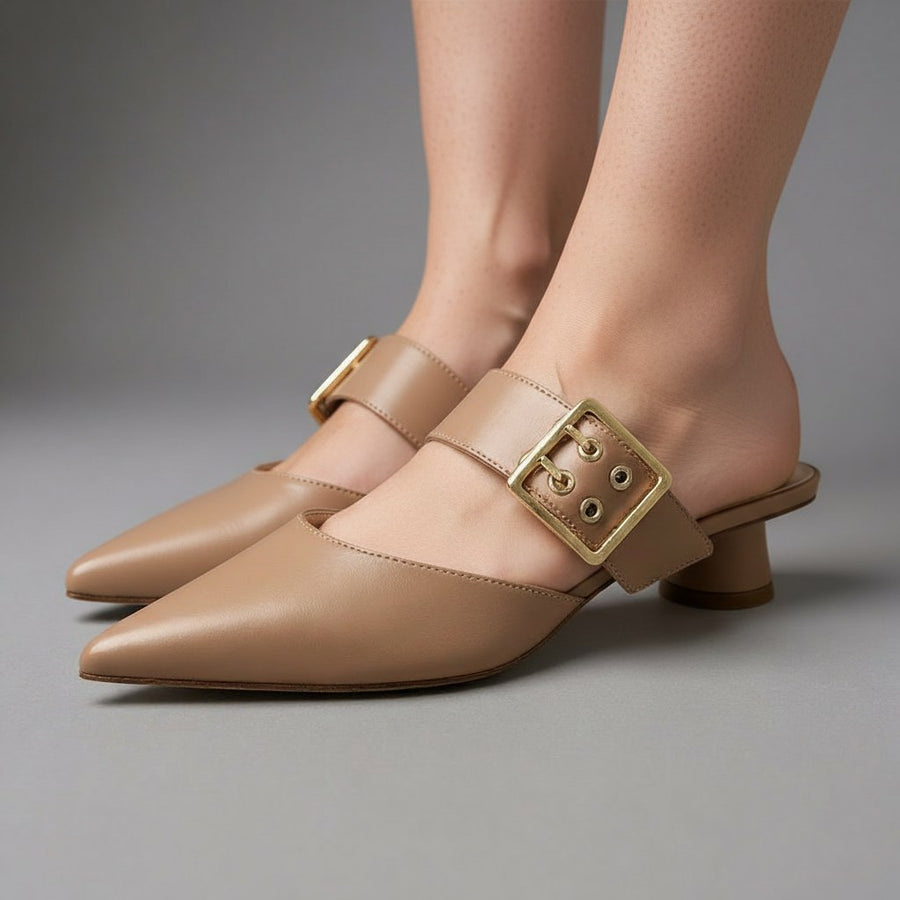 Bianca Buckle Mule in Beige