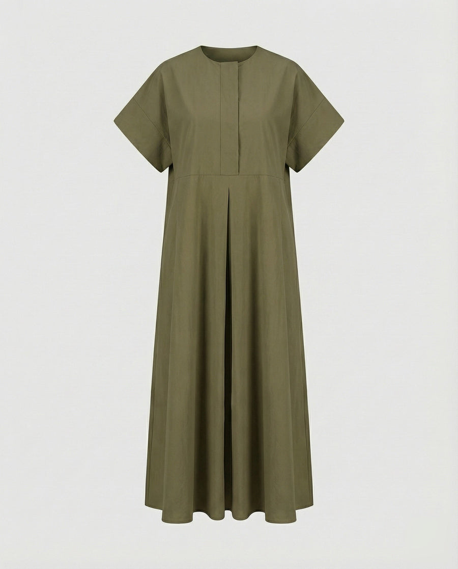 Bianca Linen Blend Maxi Dress with Pleated in Olive