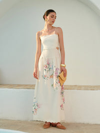 Bianca Women's Floral Print Lace-Up Back Sleeveless Maxi Dress in Beige