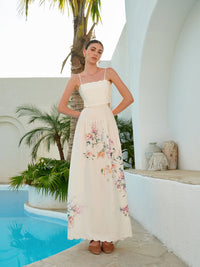 Bianca Women's Floral Print Lace-Up Back Sleeveless Maxi Dress in Beige