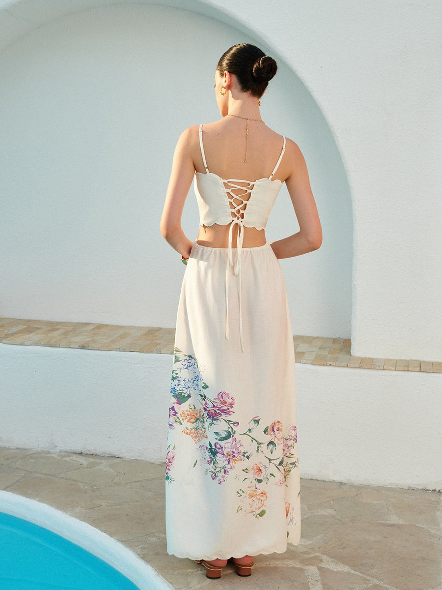Bianca Women's Floral Print Lace-Up Back Sleeveless Maxi Dress in Beige