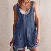 Billie Women's Denim Overall Short Romper Sleeveless in Dark Blue