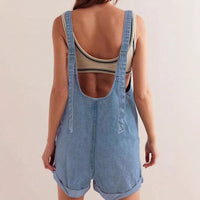 Billie Women's Denim Overall Short Romper Sleeveless in Light Blue