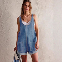 Billie Women's Denim Overall Short Romper Sleeveless in Light Blue