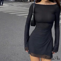 Black Mesh Long Charming Sleeve Backless Mini Dress