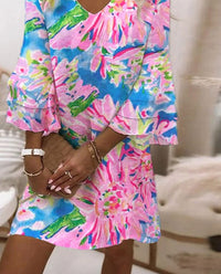 Blithe Women's Floral Print Mini Dress with Bell Sleeves in Pink