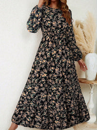 Blossom Women's Floral Maxi Dress Long Sleeve Round Neck in Black