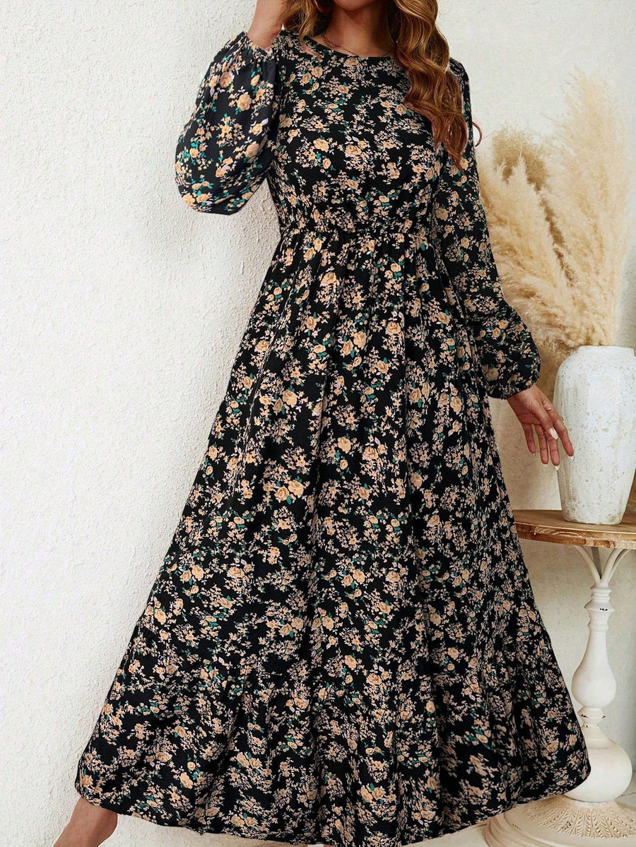 Blossom Women's Floral Maxi Dress Long Sleeve Round Neck in Black