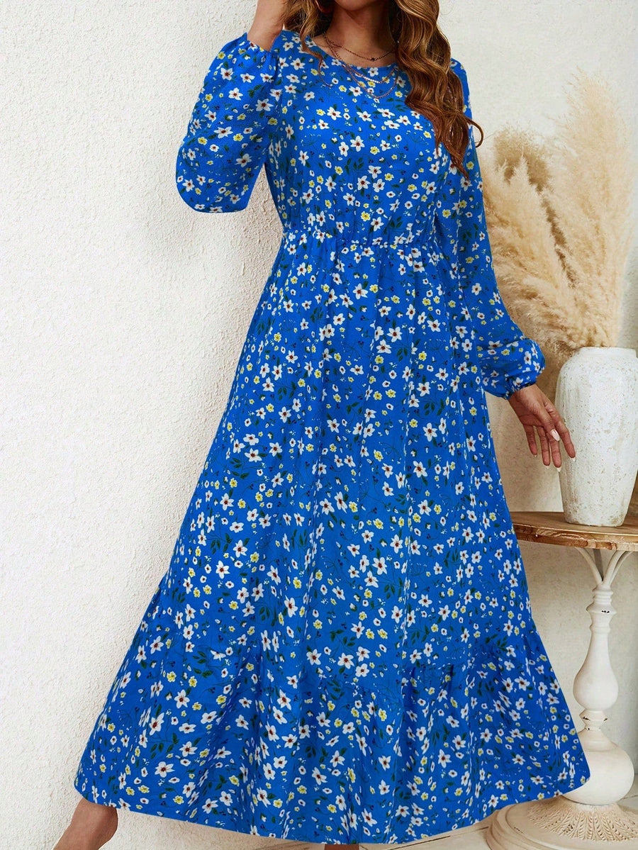 Blossom Women's Floral Maxi Dress Long Sleeve Round Neck in Blue
