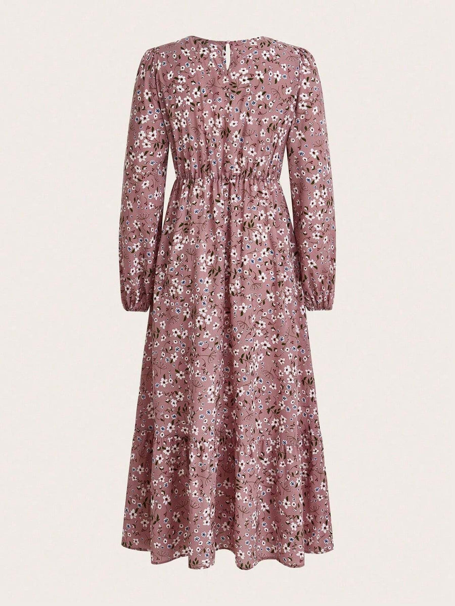 Blossom Women's Floral Maxi Dress Long Sleeve Round Neck in Pink