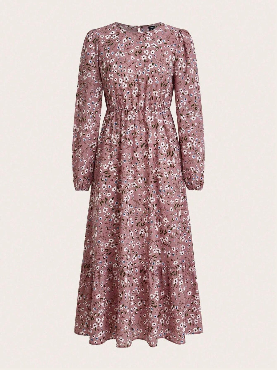 Blossom Women's Floral Maxi Dress Long Sleeve Round Neck in Pink