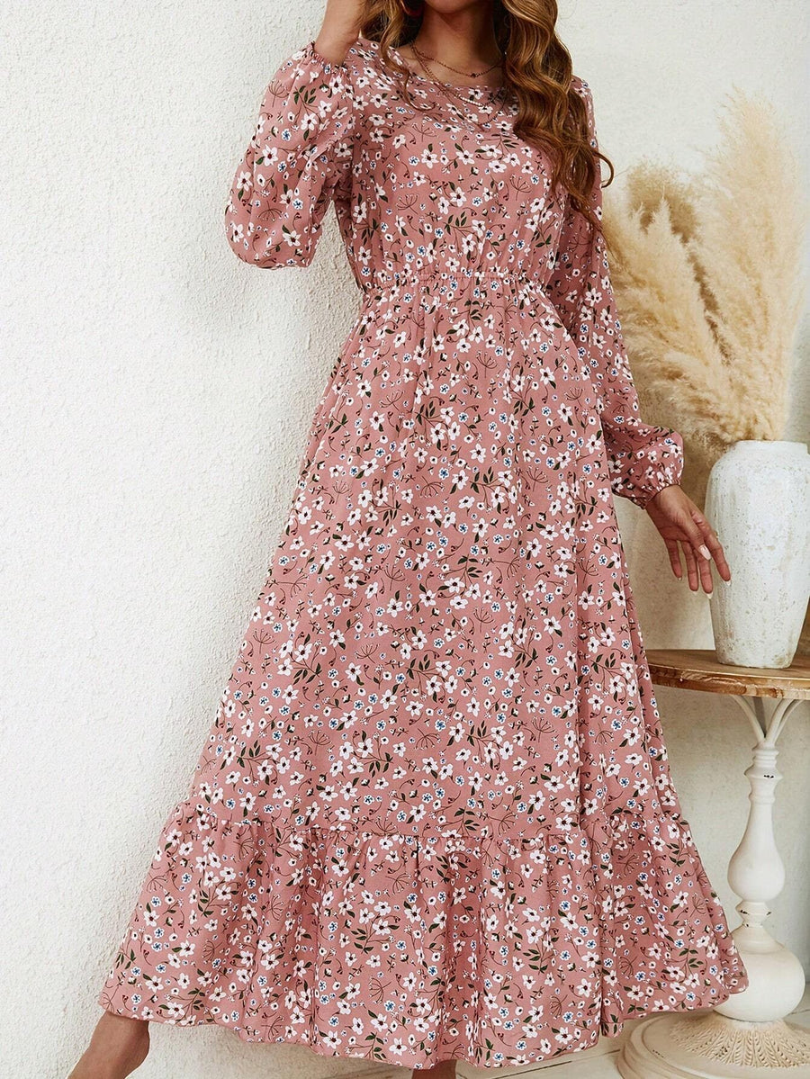 Blossom Women's Floral Maxi Dress Long Sleeve Round Neck in Pink