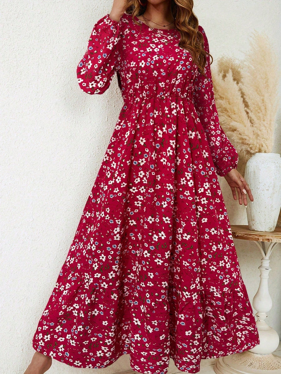 Blossom Women's Floral Maxi Dress Long Sleeve Round Neck in Red