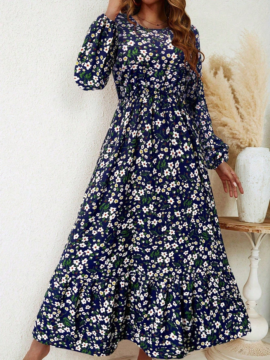 Blossom Women's Floral Maxi Dress Long Sleeve Round Neck in Royal Blue