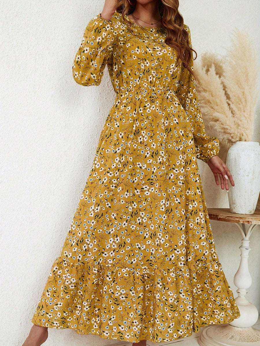 Blossom Women's Floral Maxi Dress Long Sleeve Round Neck in Yellow