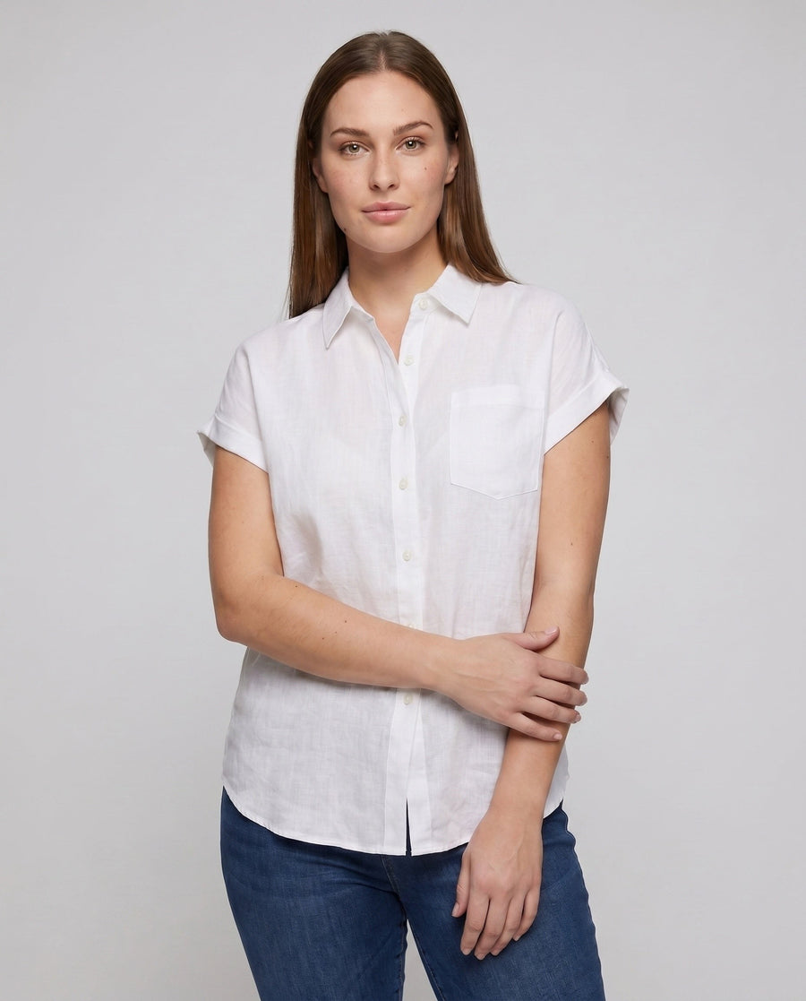 Blythe Casual Linen Blouse with Button Front and Chest Pocket