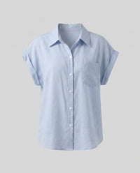 Blythe Casual Linen Blouse with Button Front and Chest Pocket in Blue