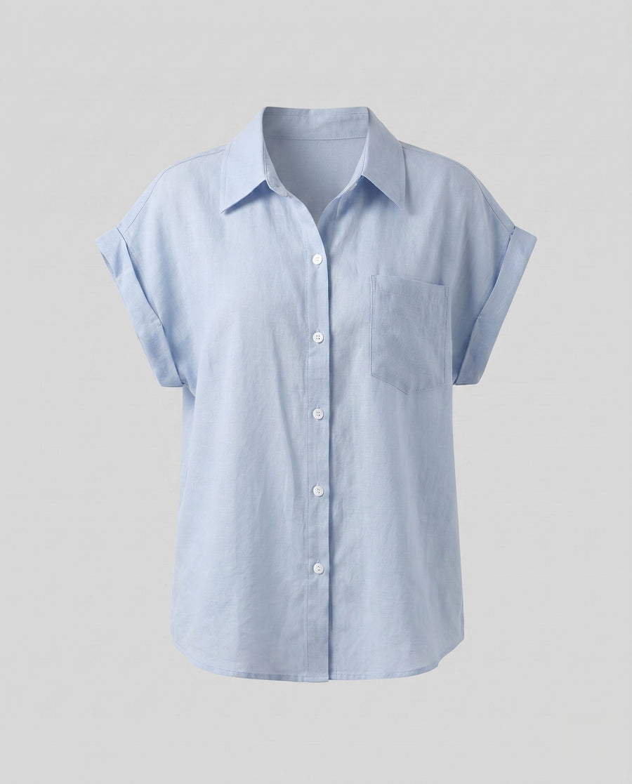Blythe Casual Linen Blouse with Button Front and Chest Pocket in Blue