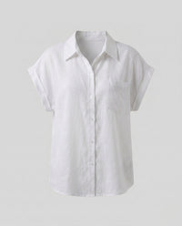 Blythe Casual Linen Blouse with Button Front and Chest Pocket in White