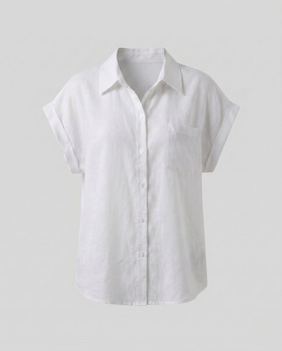 Blythe Casual Linen Blouse with Button Front and Chest Pocket in White
