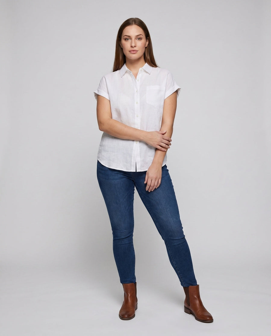Blythe Casual Linen Blouse with Button Front and Chest Pocket