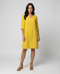 Bo Elegant Linen Dress with V-Neck in Yellow