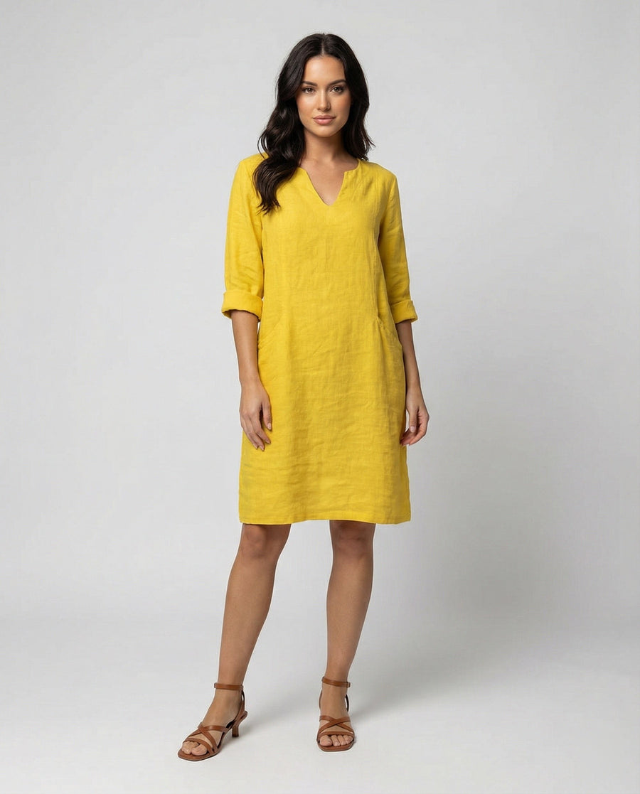 Bo Elegant Linen Dress with V-Neck in Yellow